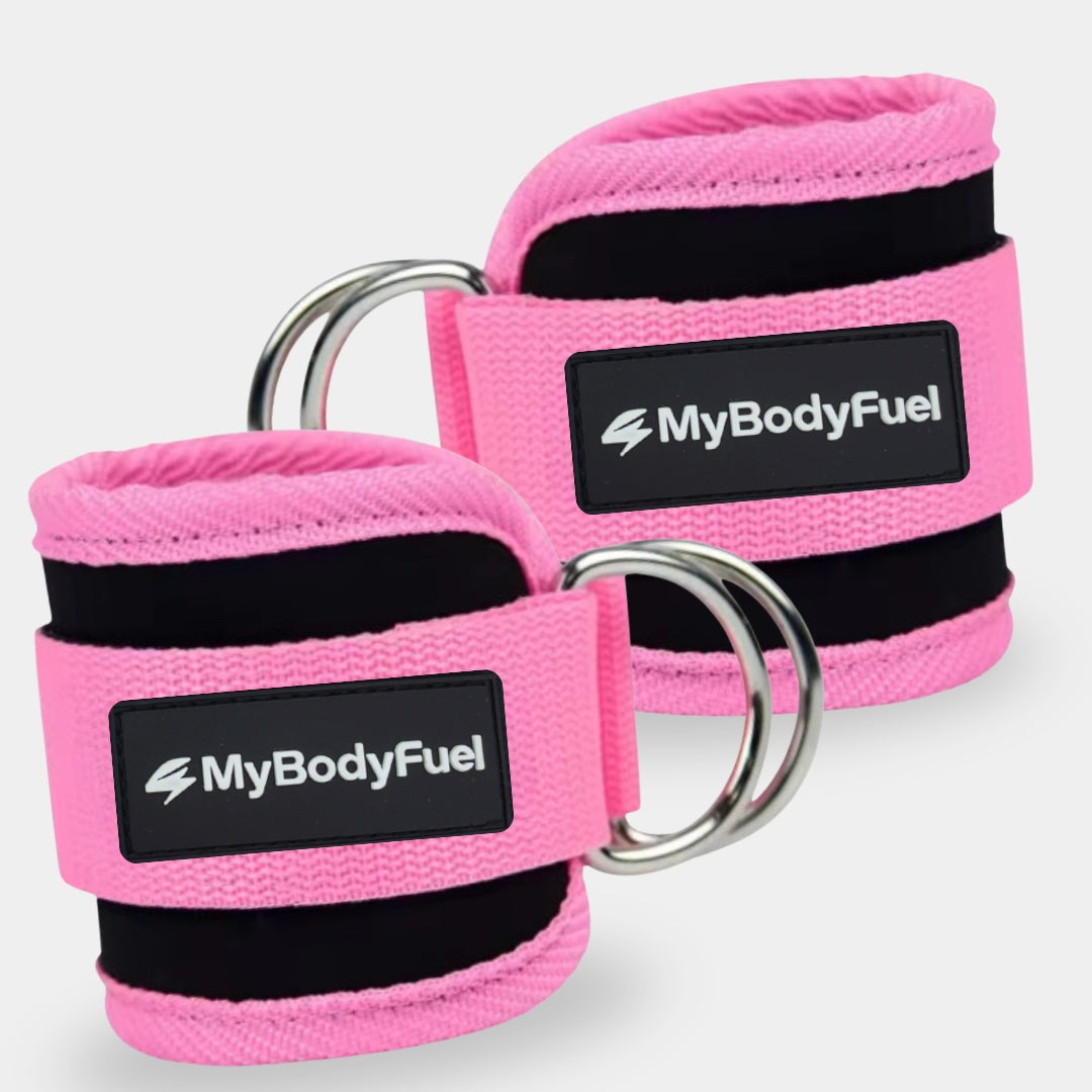 Roze MyBodyFuel ankle straps – set van 2 neopreen enkelbanden met dubbele stalen D‑ringen