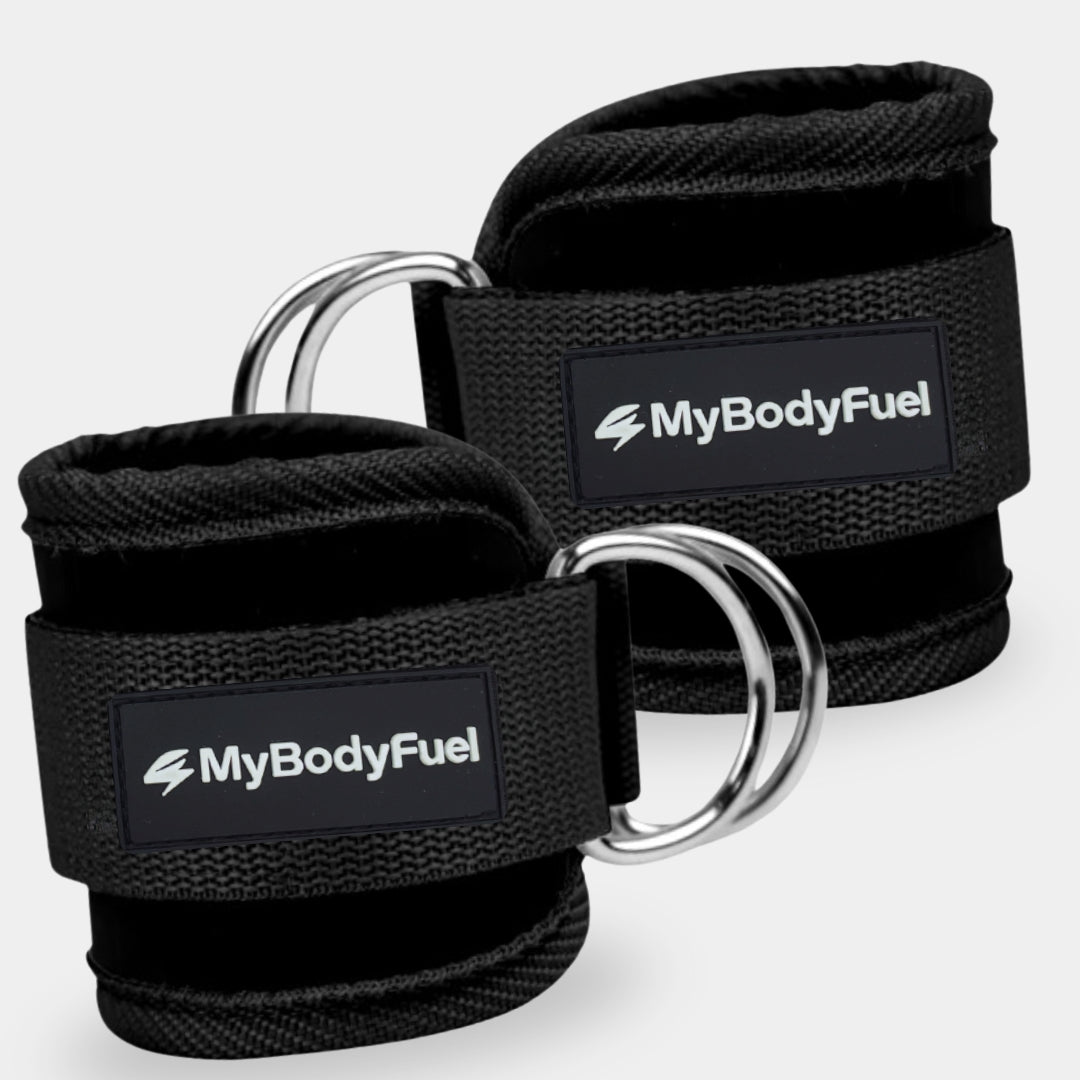 Zwarte MyBodyFuel ankle straps – set van 2 neopreen enkelbanden met dubbele stalen D‑ringen