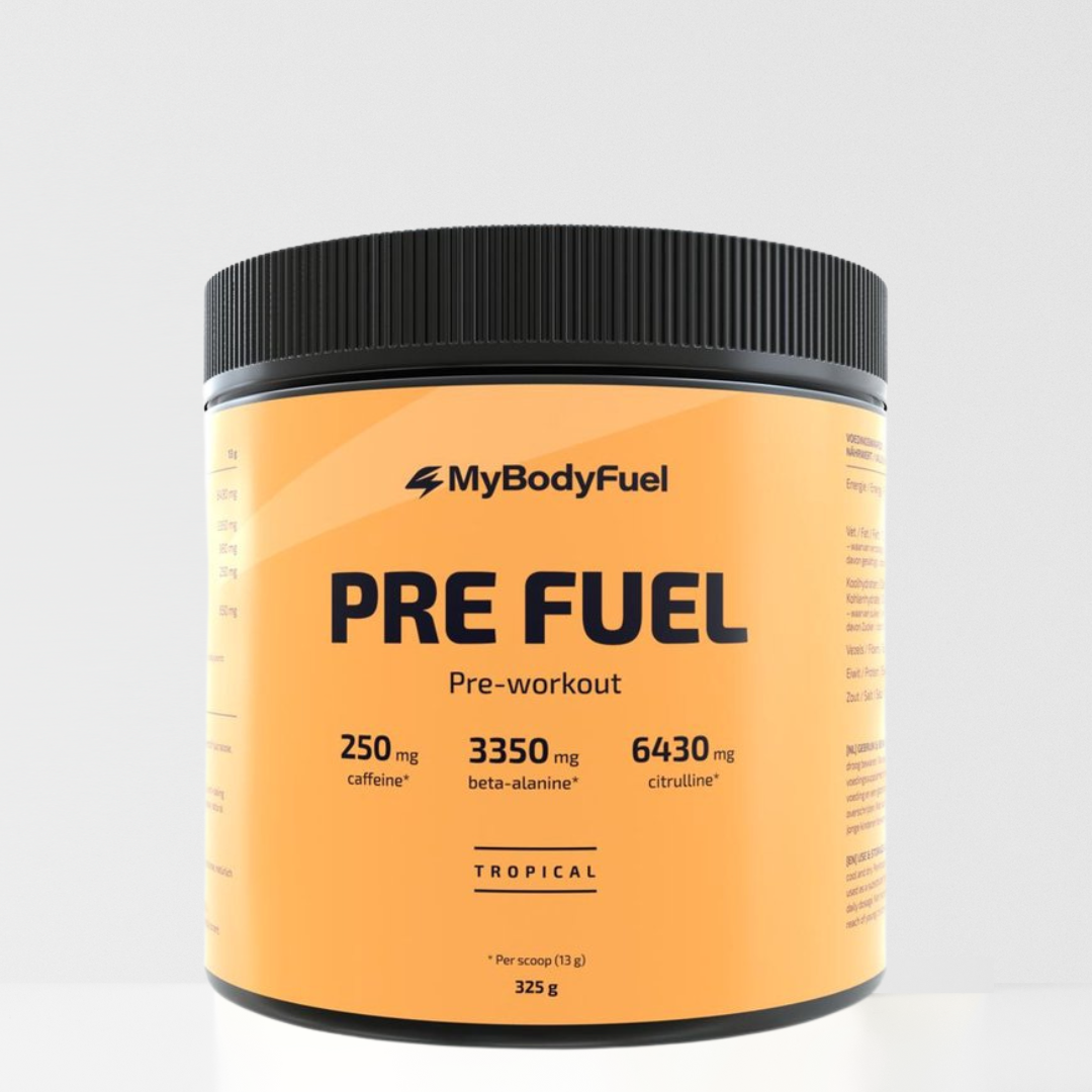 Pot MyBodyFuel Pre Fuel pre‑workout poeder – tropical smaak, 325 g