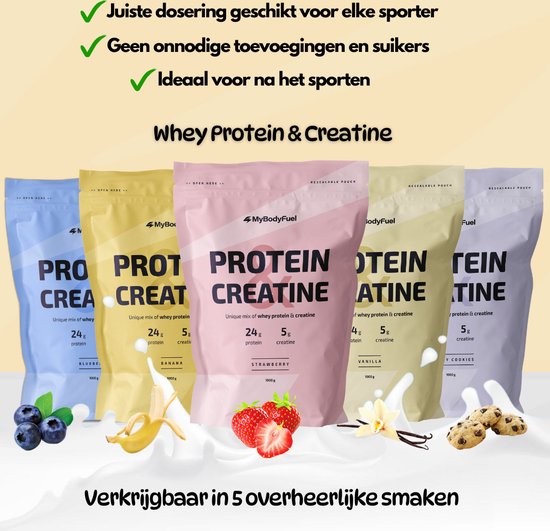 Assortiment MyBodyFuel Protein Creatine: blueberry, banana, strawberry, creamy cookies en vanilla smaken