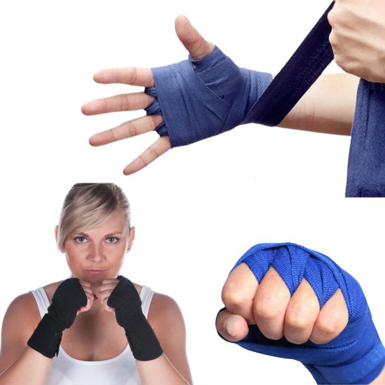 Demonstratie MyBodyFuel bokswraps in blauw en zwart tijdens bokstraining – wikkelen en stootpositie