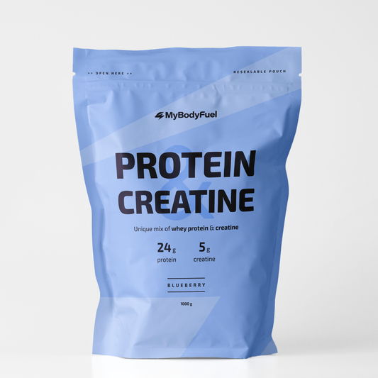 Blauwe pouch MyBodyFuel Protein Creatine – whey‑eiwit + creatine poeder, blueberry flavour
