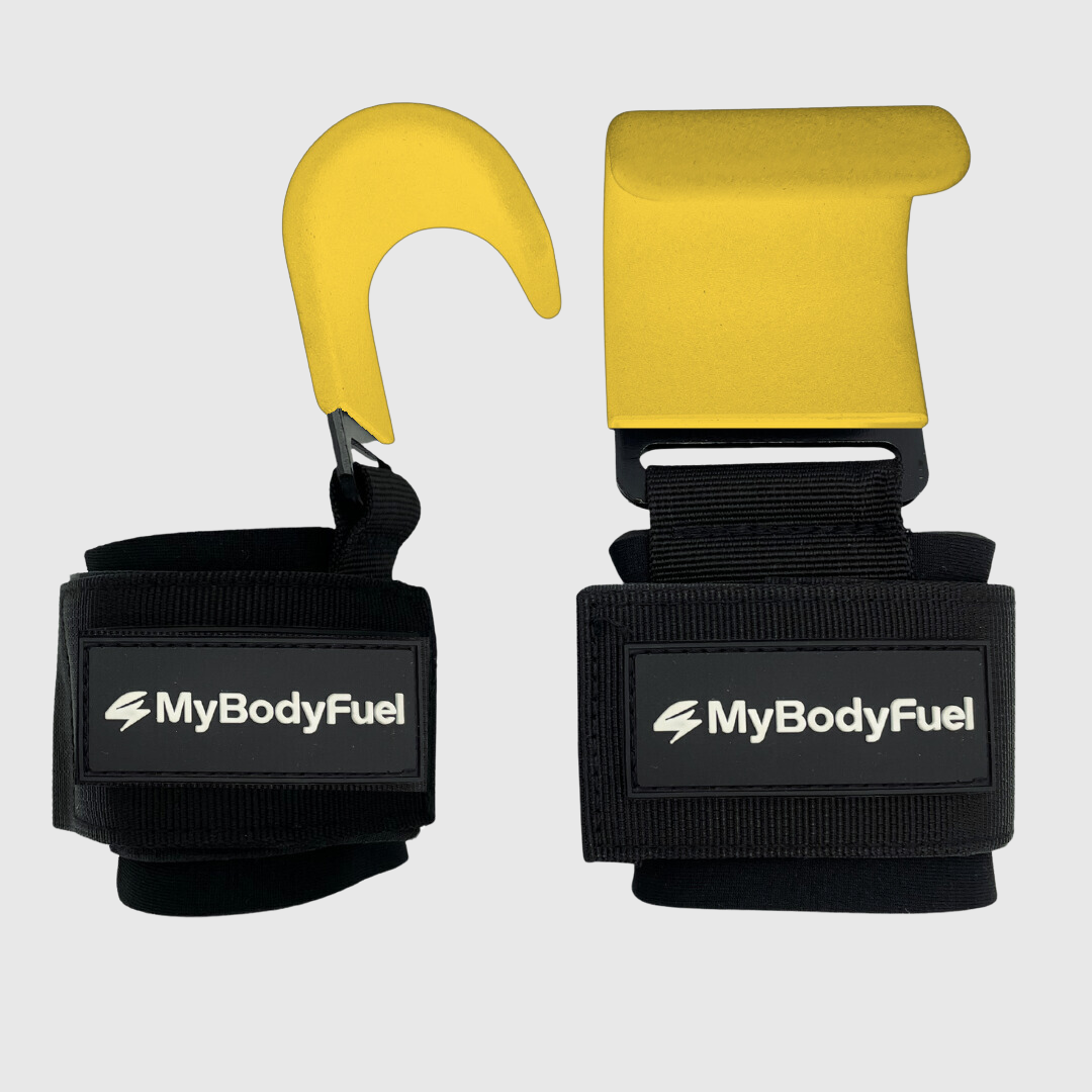 Gele MyBodyFuel lifting hooks – set van 2 polsbanden met stalen haak voor deadlifts en rows