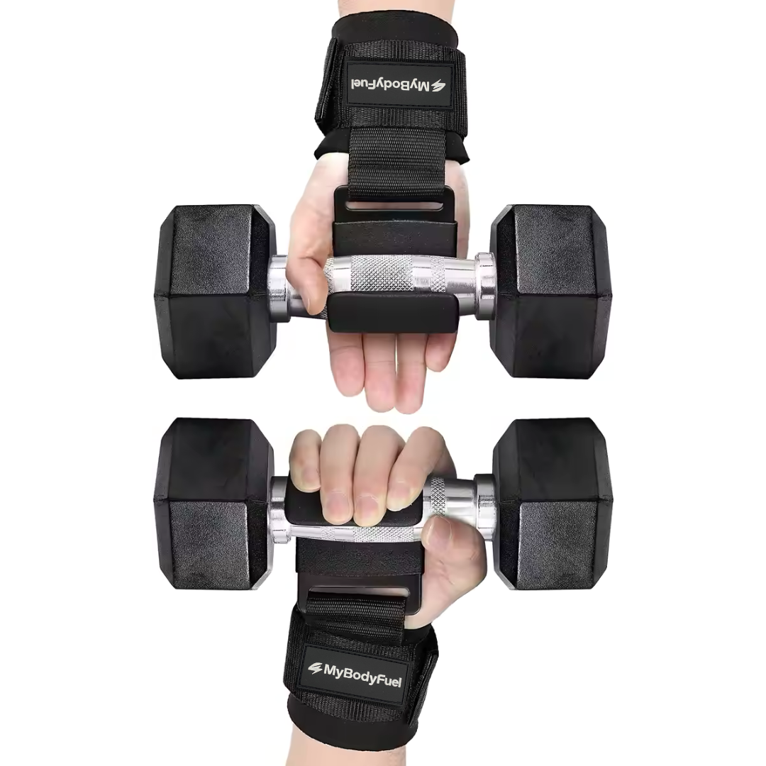 MyBodyFuel hook grips houden twee dumbbells stabiel voor shrugs en farmer’s walks