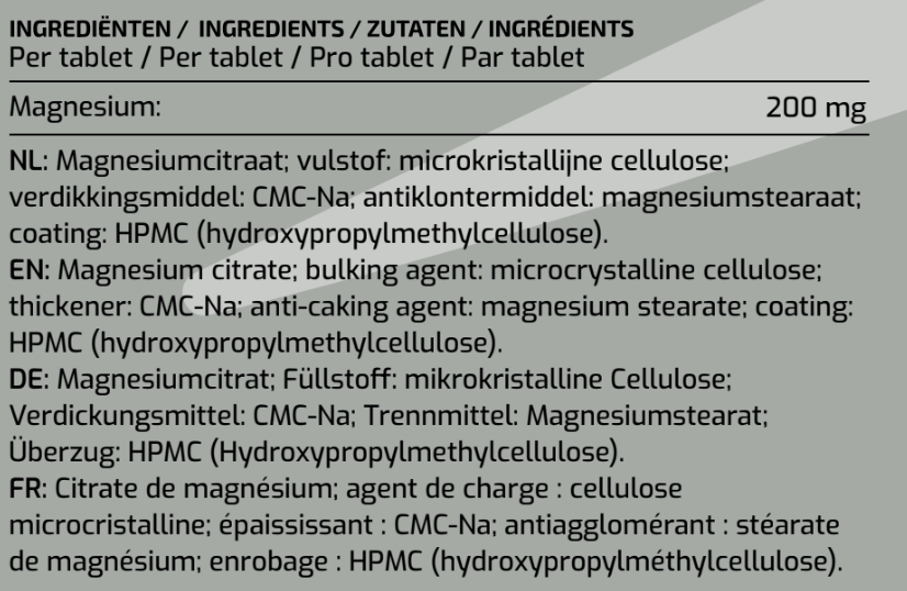 Ingrediënten- en voedingsinformatie van MyBodyFuel Magnesiumcitraat Tabletten – 200 mg per tablet