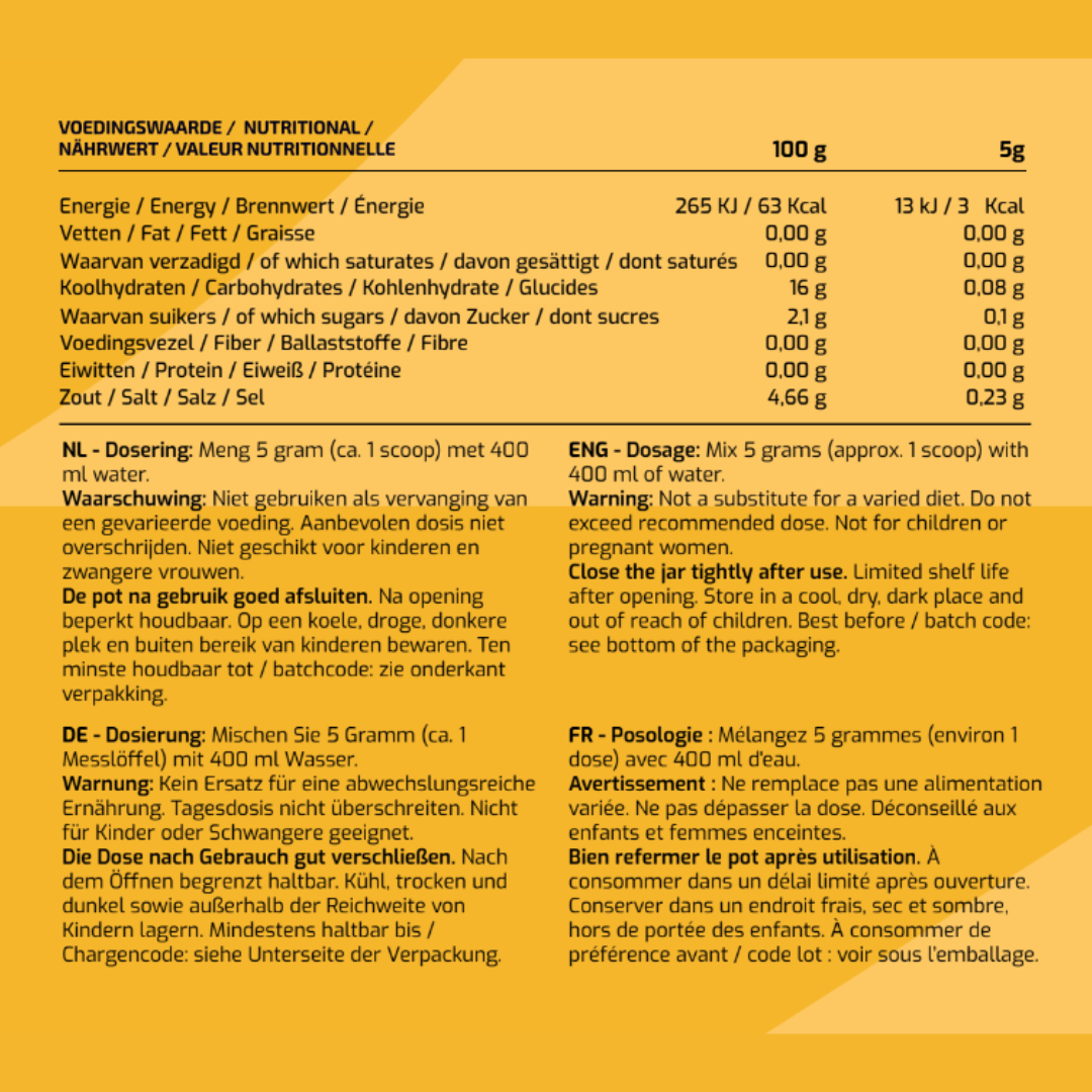 Ingrediënten en voedingswaarden MyBodyFuel Electrolytes Mango – elektrolytenmix voor vochtbalans en spierfunctie