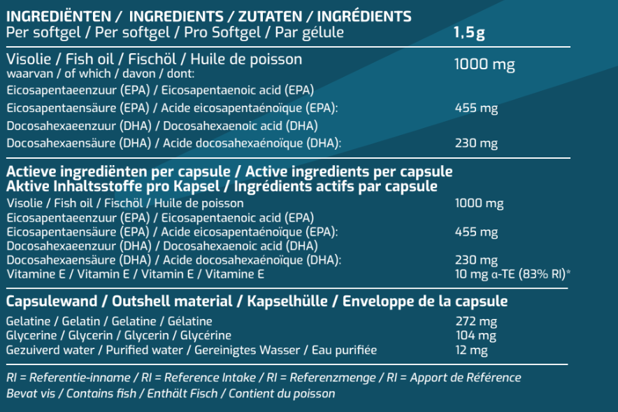 Ingrediënten en voedingswaarden MyBodyFuel Omega 3 Softgels – 1000 mg visolie, EPA 455 mg, DHA 230 mg per capsule