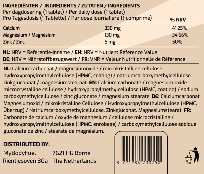 Ingrediëntenlijst Calcium, Zink & Magnesium tabletten – 330 mg calcium, 130 mg magnesium en 5 mg zink per tablet.