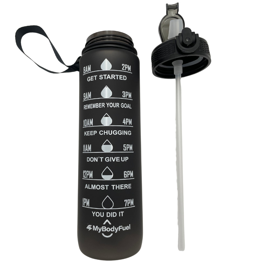 Zijkant en dop van 1 L MyBodyFuel drinkfles met draagriem en vergrendelde flip‑top