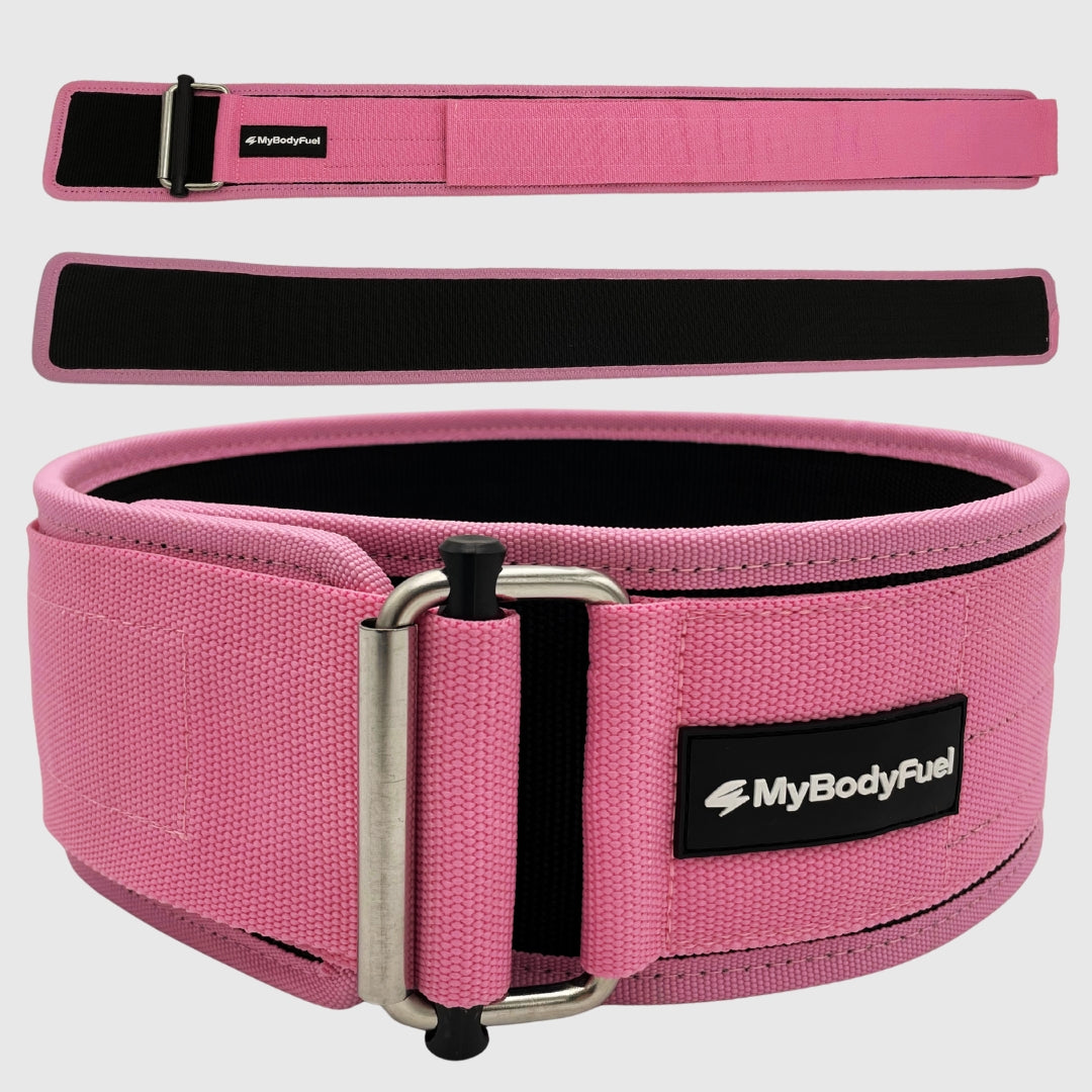 Roze MyBodyFuel lifting belt – verstelbare powerlift riem met stalen buckle en klittenband voor rugondersteuning