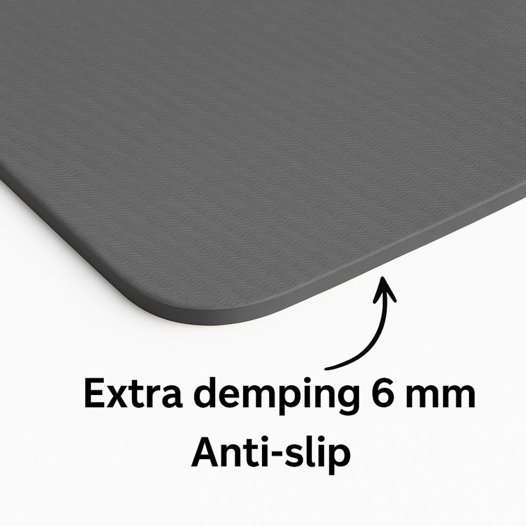 Close‑up zwarte MyBodyFuel‑yogamat met antislipstructuur, 6 mm demping