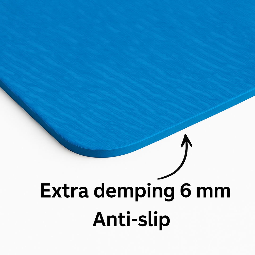 Close‑up blauwe MyBodyFuel‑yogamat met antislipstructuur, 6 mm demping