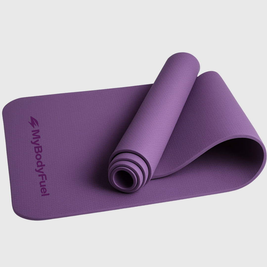 Paarse yogamat MyBodyFuel – opgerold, 6 mm dik, antislip