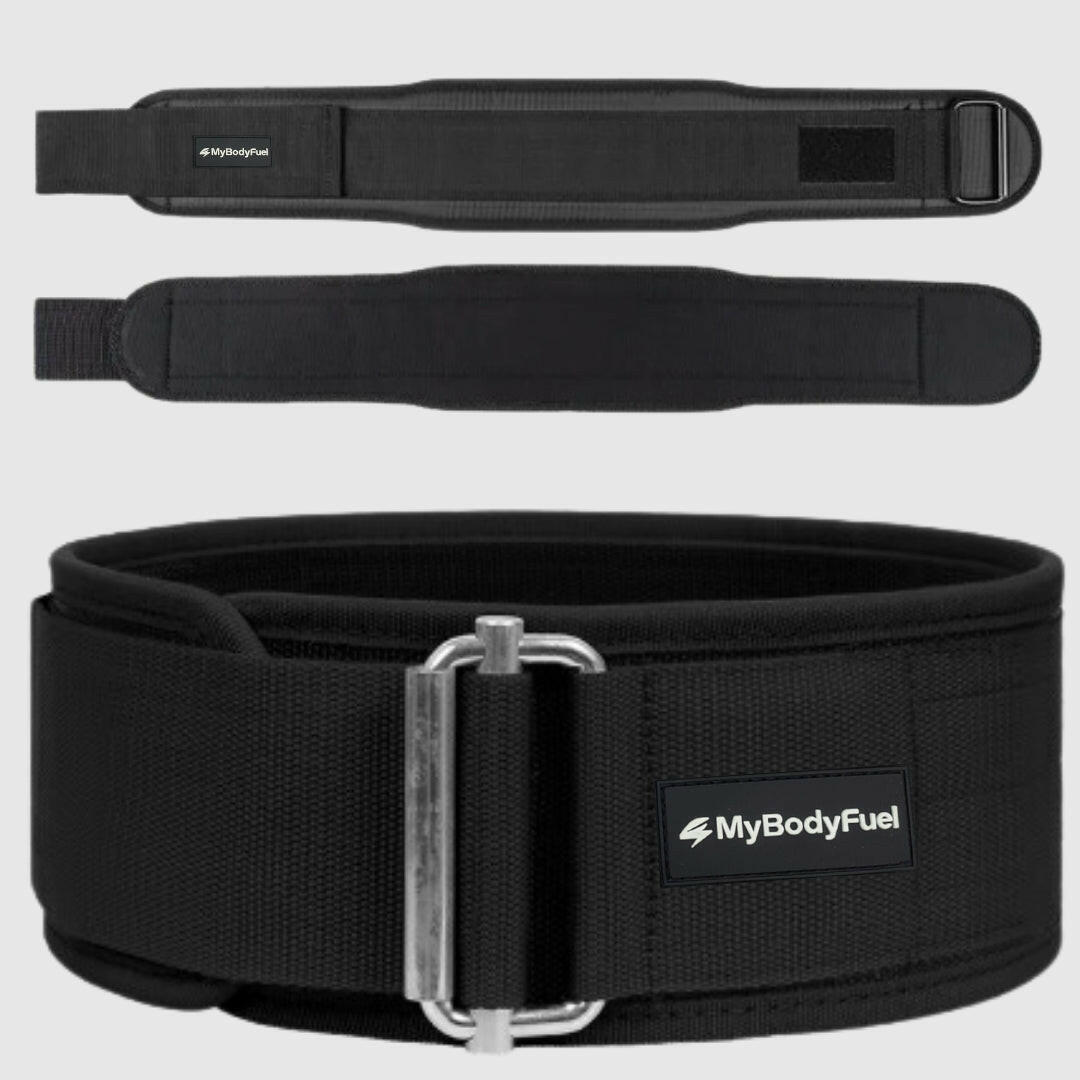 Zwarte MyBodyFuel lifting belt – verstelbare powerlift riem met stalen buckle en klittenband voor rugondersteuning