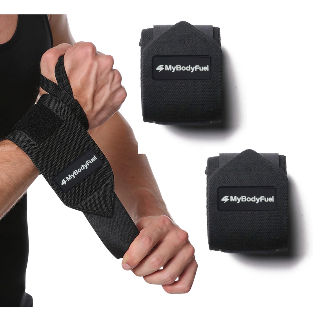 MyBodyFuel wrist wraps – set van 2 polsbandages voor krachttraining, fitness en gewichtheffen – zwart – voorbeeld van gebruik om de pols.