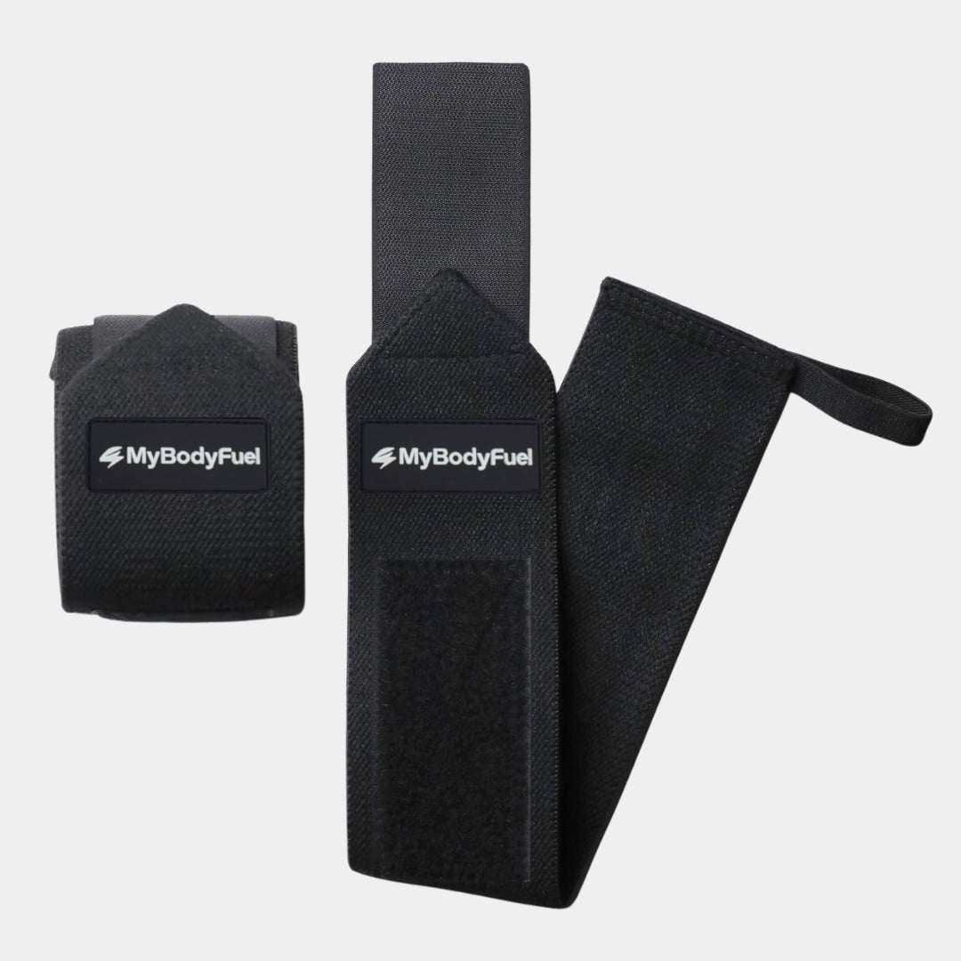 Zwarte MyBodyFuel wrist wraps – set van 2 verstelbare polsbandages met klittenband voor gewichtheffen