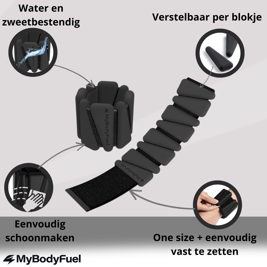 Verstelbare zwarte enkel- en polsgewichten met siliconen blokjes – water- en zweetbestendig MyBodyFuel ankle weights