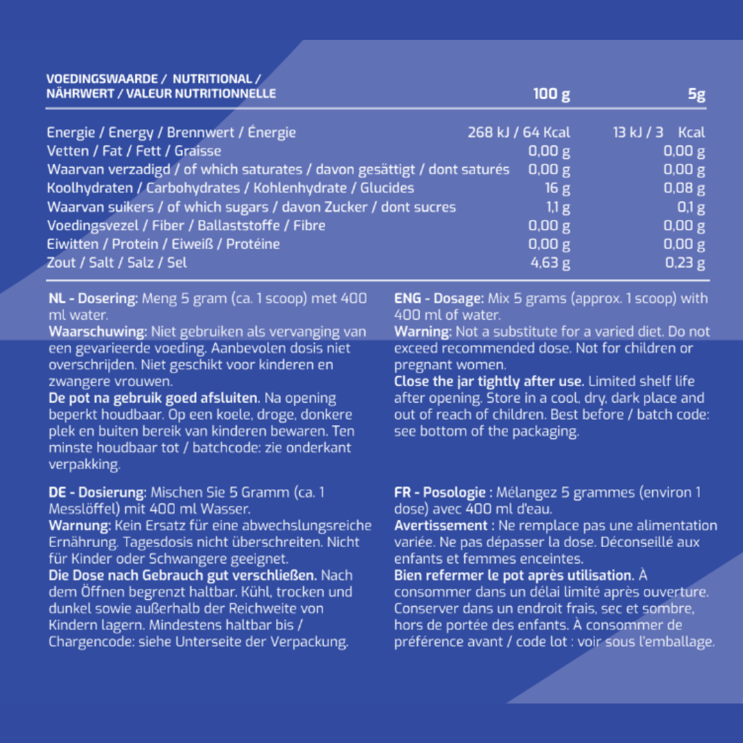Voedingswaarden en ingrediënten MyBodyFuel Electrolytes Blueberry Raspberry – elektrolytenmix voor spierfunctie en hydratatie
