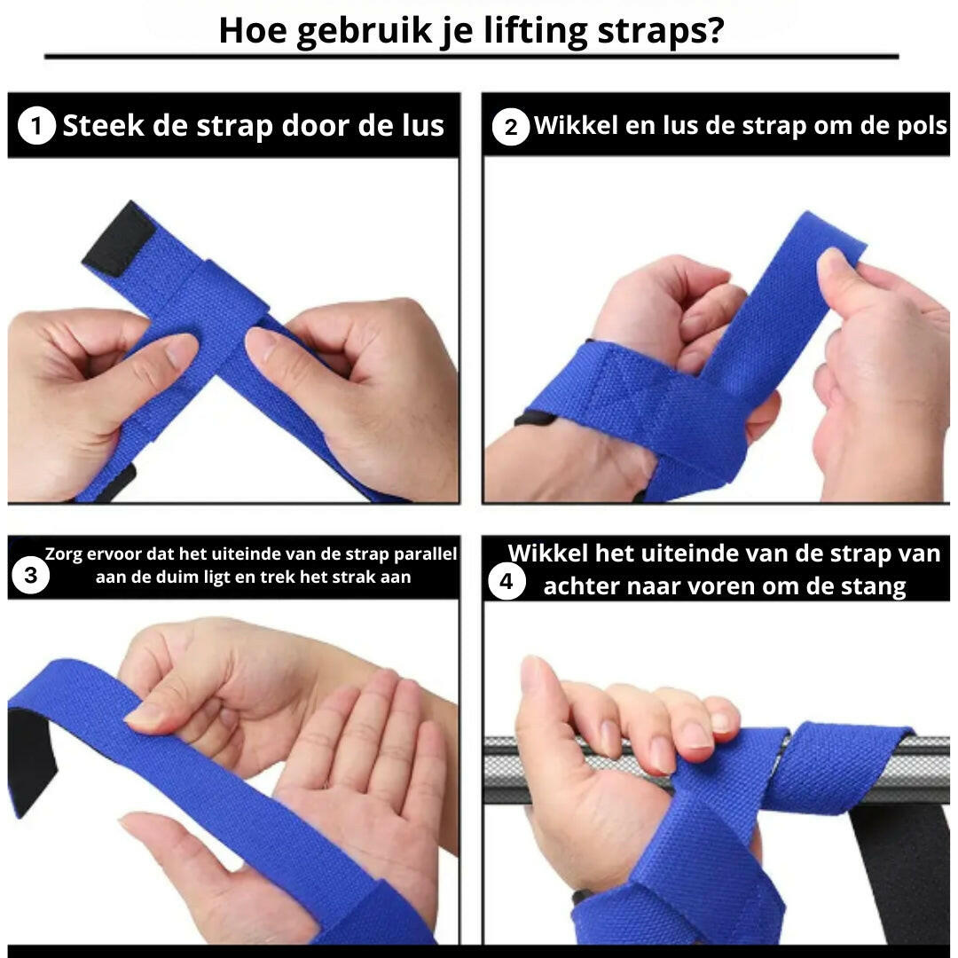 Stap‑voor‑stap instructie om MyBodyFuel lifting straps om de halterstang te wikkelen
