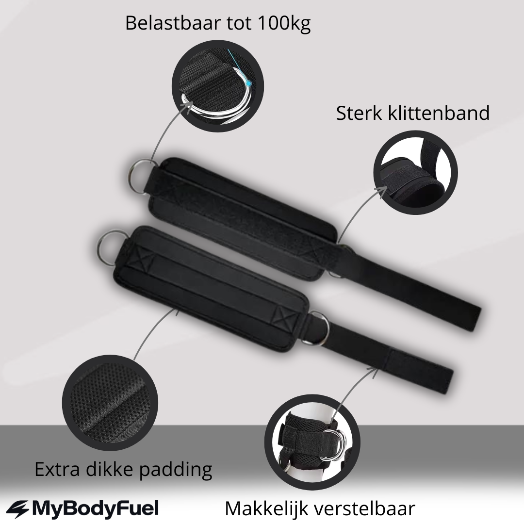 Infographic MyBodyFuel ankle straps: verstevigde stiksels, zachte binnenvoering en extra brede klittenbandsluiting
