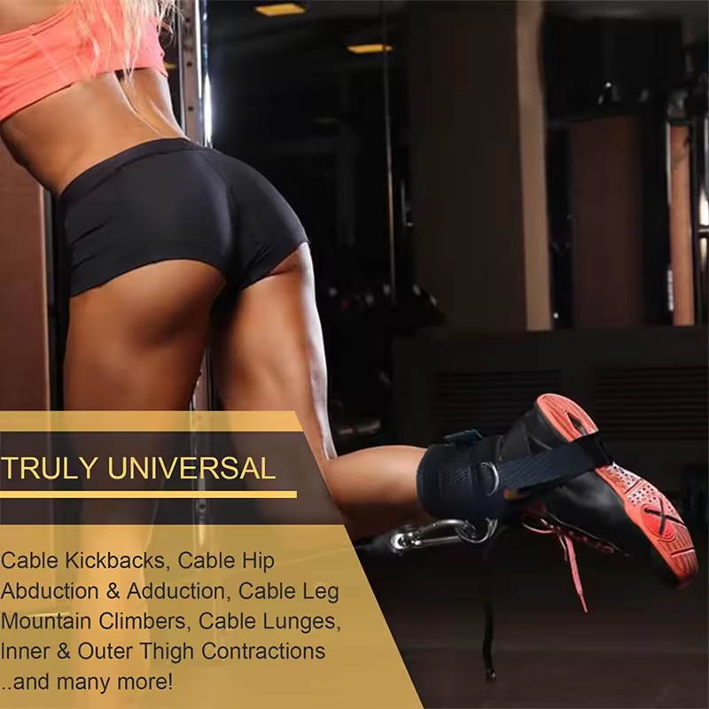 Sporter traint glute kick‑backs met MyBodyFuel ankle strap aan kabelmachine in de gym