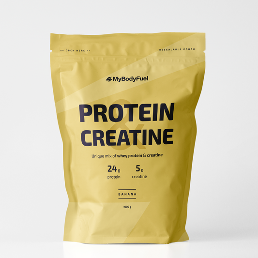 Gele MyBodyFuel Protein Creatine pouch – whey‑eiwit + creatine poeder, bananensmaak