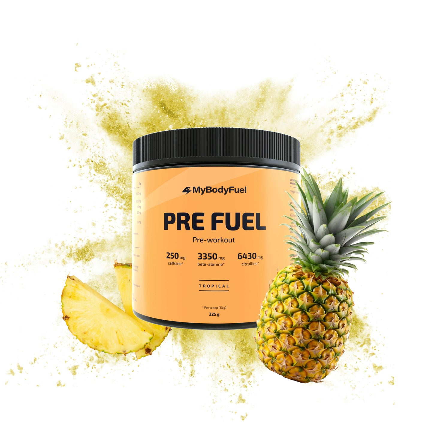 MyBodyFuel Pre Fuel tropical pre‑workout met ananas en gele fruitsplash