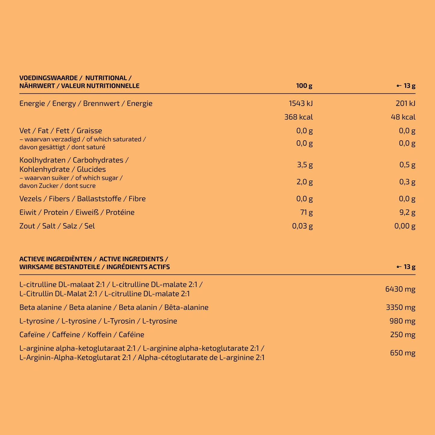 Voedingswaardenlabel van MyBodyFuel Pre Fuel tropical pre‑workout (kcal, cafeïne, BCAA)