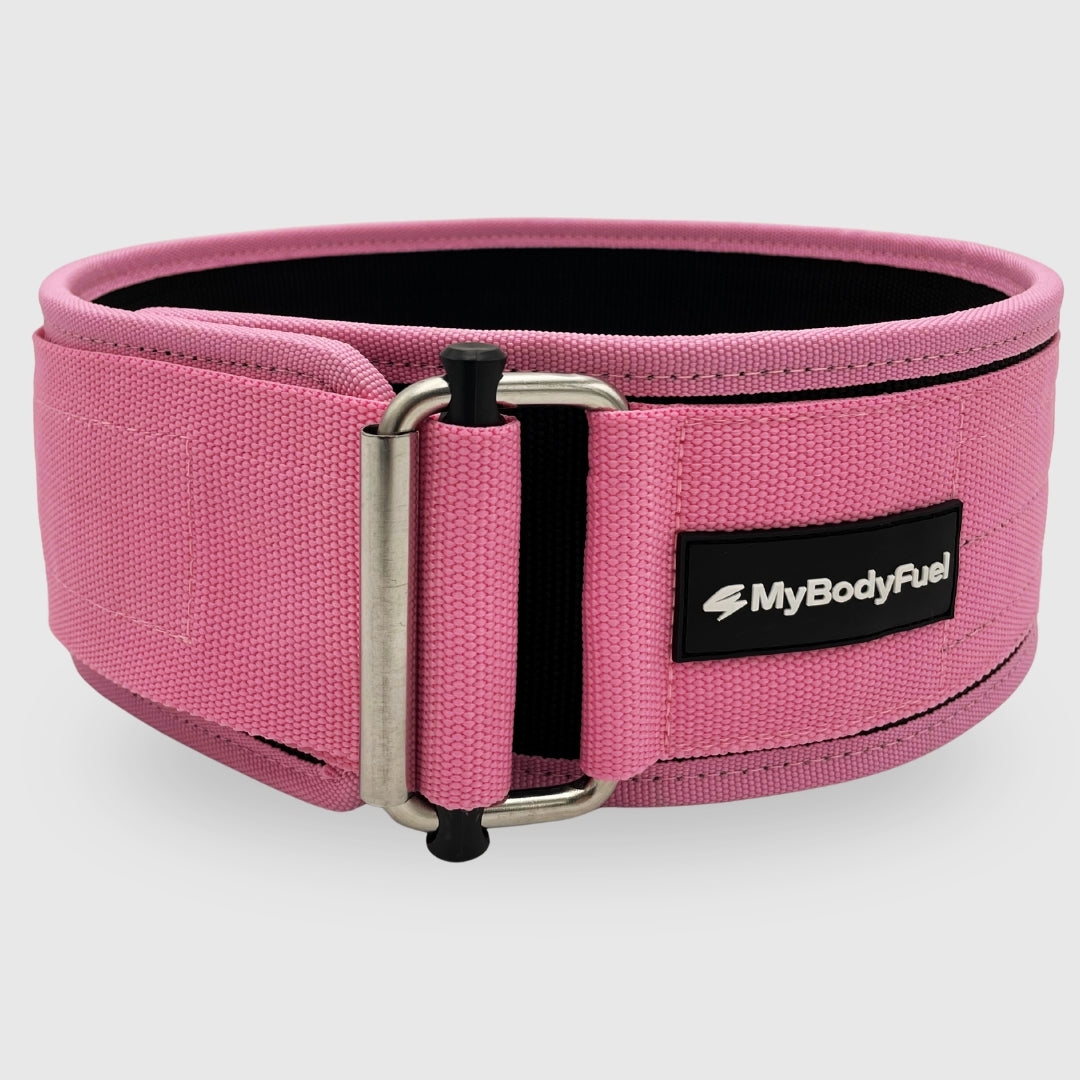 Roze MyBodyFuel lifting belt – verstelbare powerlift riem met stalen buckle en klittenband voor rugondersteuning