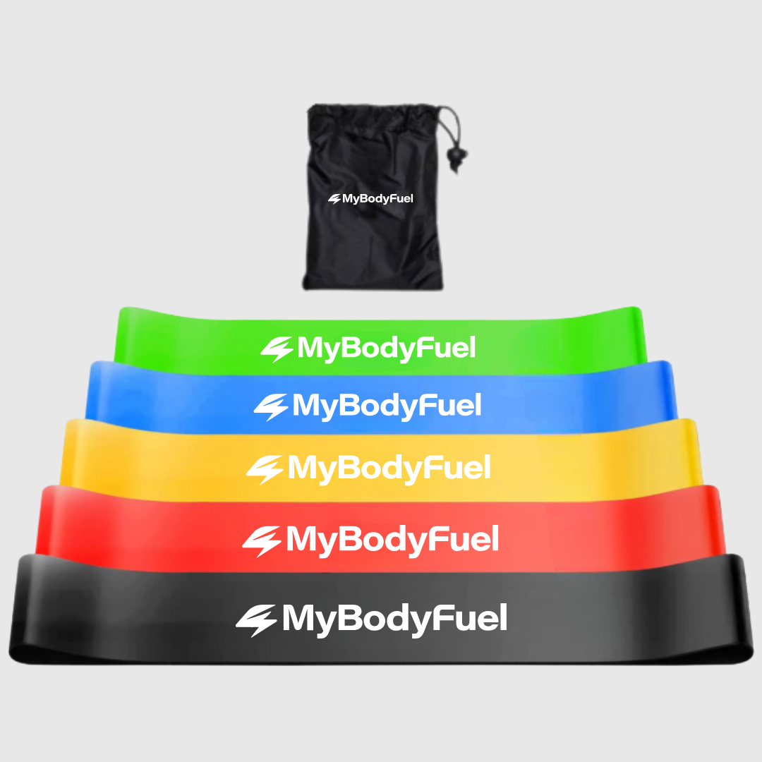 Set van vijf MyBodyFuel resistance bands in groen, blauw, geel, rood en zwart met opbergzak voor kracht‑ en rekoefeningen
