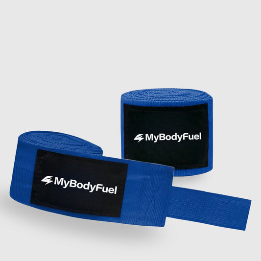 Blauwe MyBodyFuel bokswraps – 5 m katoen met duimlus en klittenband voor pols‑ en knokkelbescherming