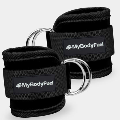 Zwarte MyBodyFuel ankle straps – set van 2 neopreen enkelbanden met dubbele stalen D‑ringen