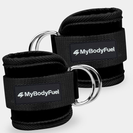 Zwarte MyBodyFuel ankle straps – set van 2 neopreen enkelbanden met dubbele stalen D‑ringen