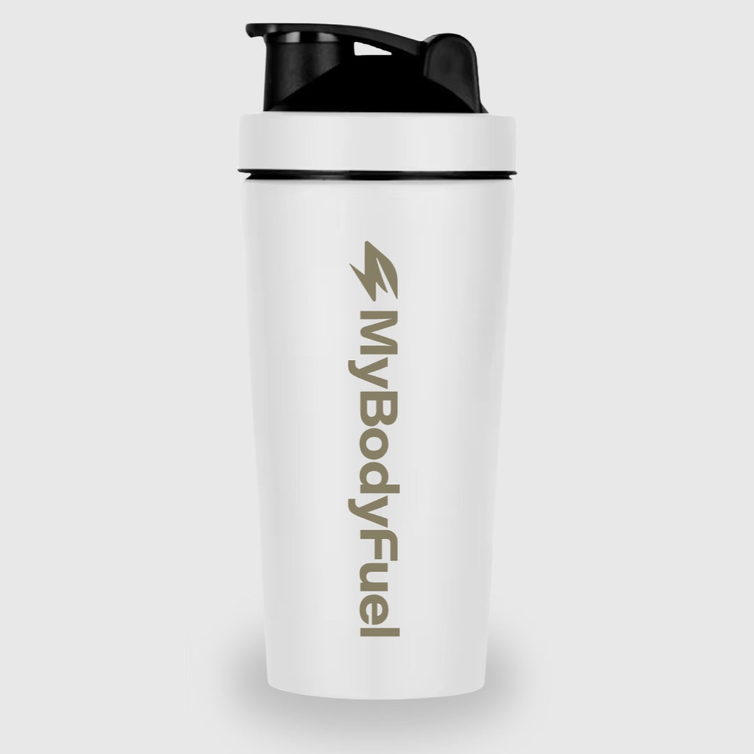 Witte RVS shakebeker 750 ml van MyBodyFuel met logo – duurzame, BPA-vrije en lekvrije shaker voor sport en dagelijks gebruik