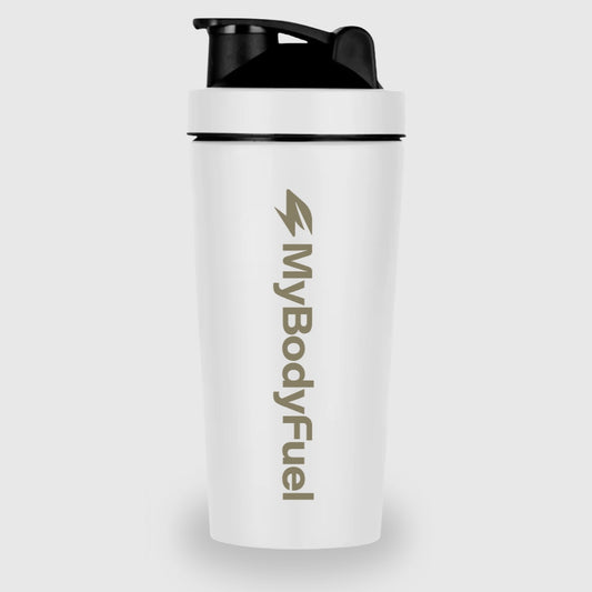 Witte RVS shakebeker 750 ml van MyBodyFuel met logo – duurzame, BPA-vrije en lekvrije shaker voor sport en dagelijks gebruik