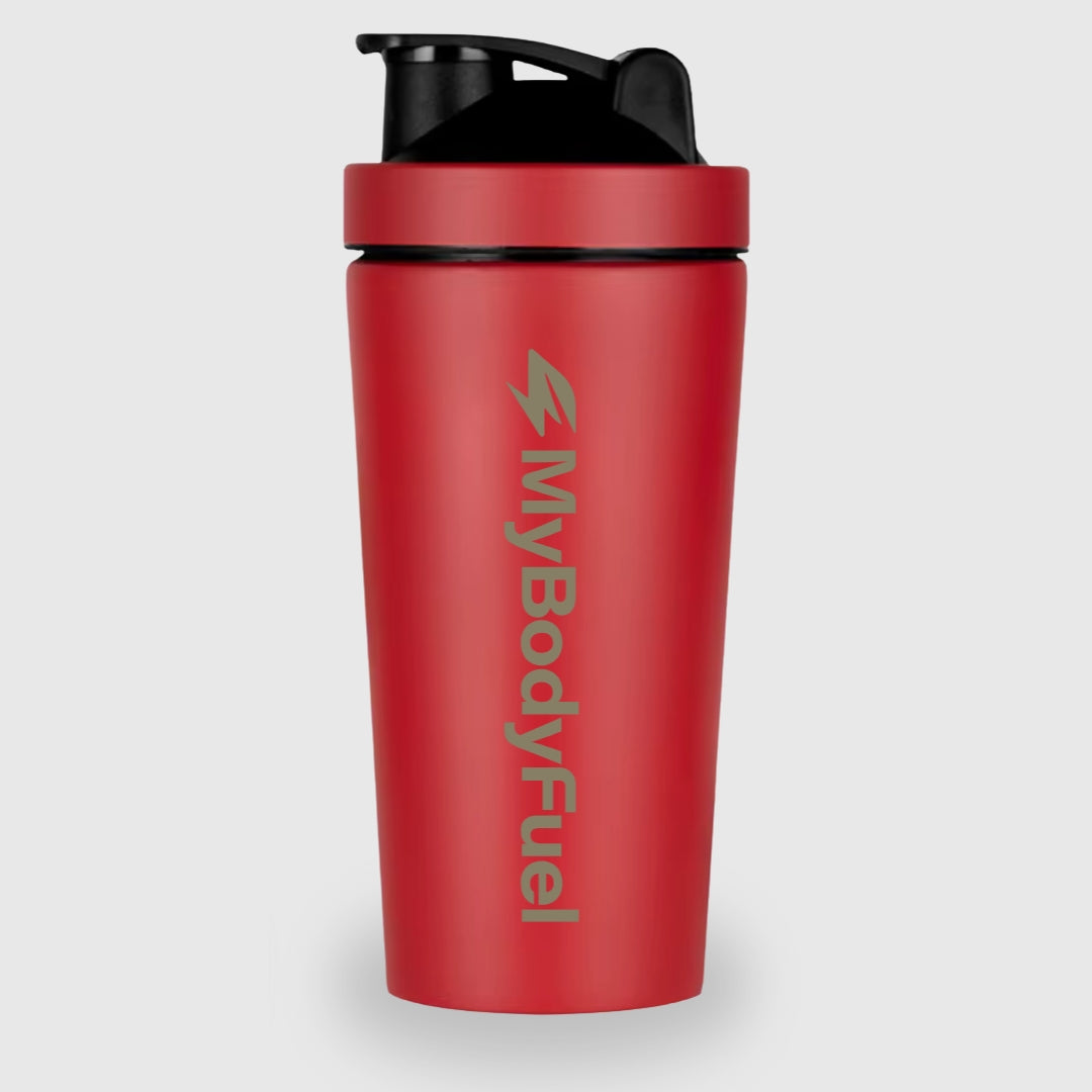 Rode RVS shakebeker 750 ml van MyBodyFuel met logo – duurzame, BPA-vrije en lekvrije shaker voor sport en dagelijks gebruik