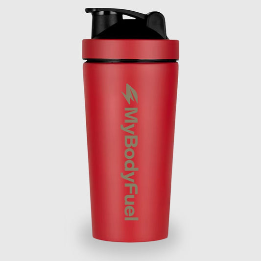 Rode RVS shakebeker 750 ml van MyBodyFuel met logo – duurzame, BPA-vrije en lekvrije shaker voor sport en dagelijks gebruik