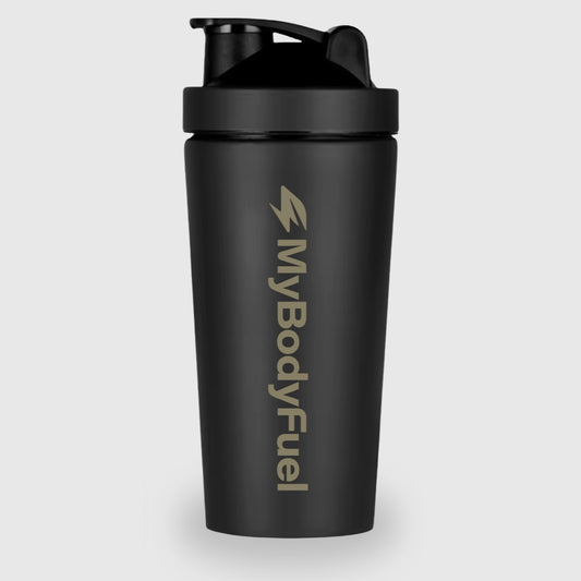 Zwarte RVS shakebeker 750 ml van MyBodyFuel met logo – duurzame, BPA-vrije en lekvrije shaker voor sport en dagelijks gebruik