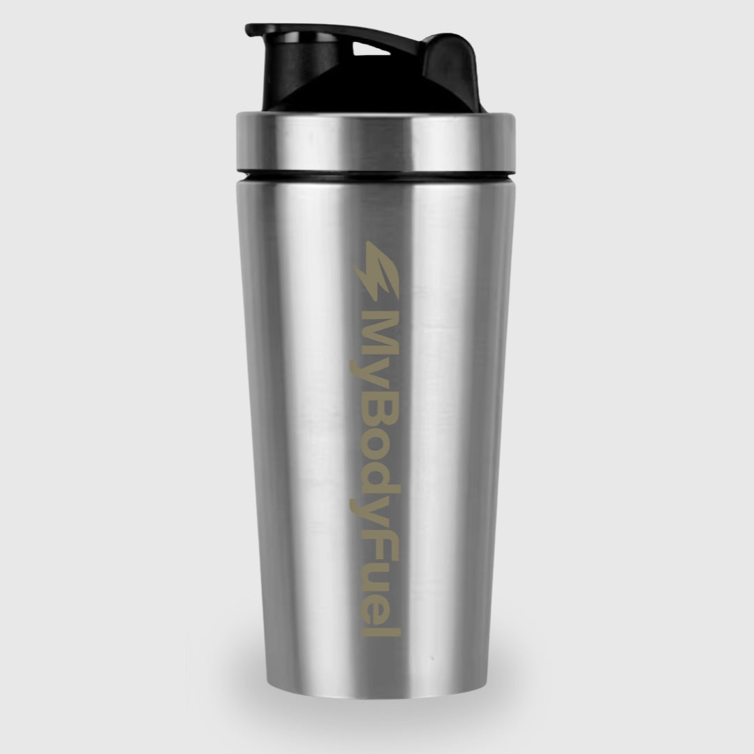 Zilveren RVS shakebeker 750 ml van MyBodyFuel met logo – duurzame, BPA-vrije en lekvrije shaker voor sport en dagelijks gebruik