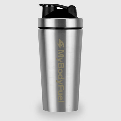 Zilveren RVS shakebeker 750 ml van MyBodyFuel met logo – duurzame, BPA-vrije en lekvrije shaker voor sport en dagelijks gebruik
