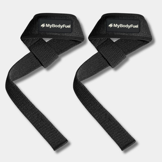 Zwarte MyBodyFuel lifting straps – set van 2 met neopreen polsbanden voor deadlifts en rows