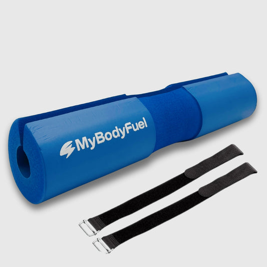 Blauwe barbell pad met klittenband straps – MyBodyFuel hip thrust kussen
