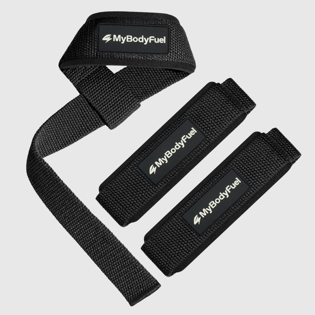Zwarte MyBodyFuel lifting straps – set van 2 met neopreen polsbanden voor deadlifts en rows