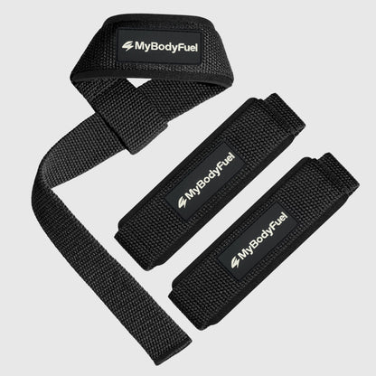Zwarte MyBodyFuel lifting straps – set van 2 met neopreen polsbanden voor deadlifts en rows