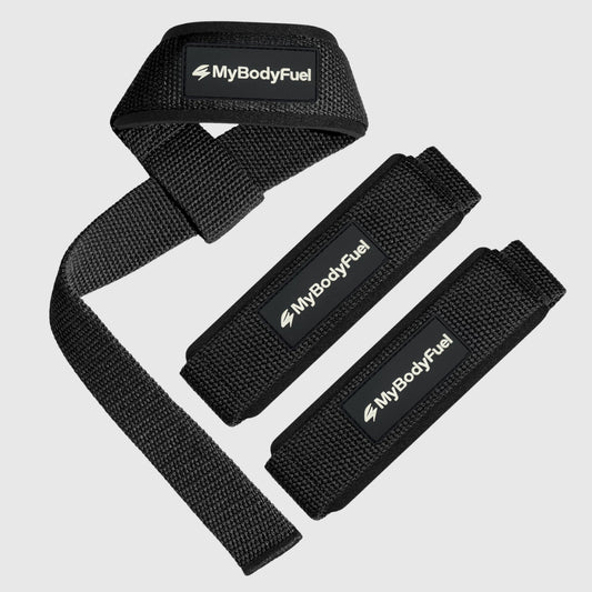 Zwarte MyBodyFuel lifting straps – set van 2 met neopreen polsbanden voor deadlifts en rows