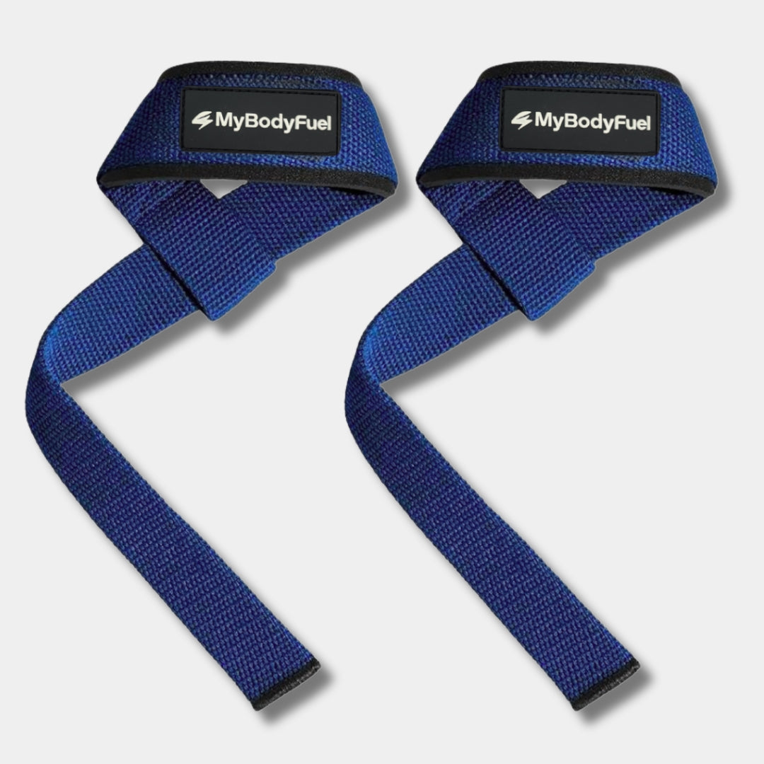 Blauwe MyBodyFuel lifting straps – set van 2 met neopreen polsbanden voor deadlifts en rows