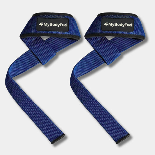 Blauwe MyBodyFuel lifting straps – set van 2 met neopreen polsbanden voor deadlifts en rows
