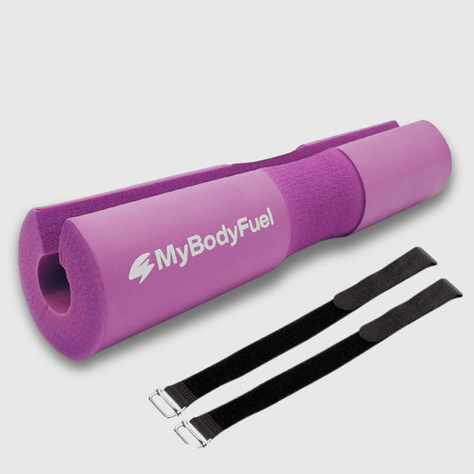 Paarse barbell pad met klittenband straps – MyBodyFuel hip thrust kussen