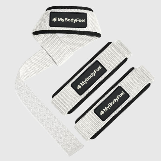 Witte MyBodyFuel lifting straps – set van 2 met neopreen polsbanden voor deadlifts en rows