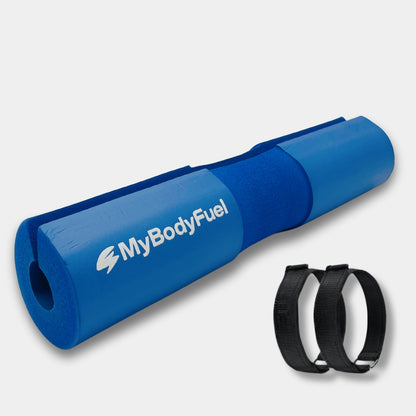 Blauwe barbell pad met klittenband straps – MyBodyFuel hip thrust kussen